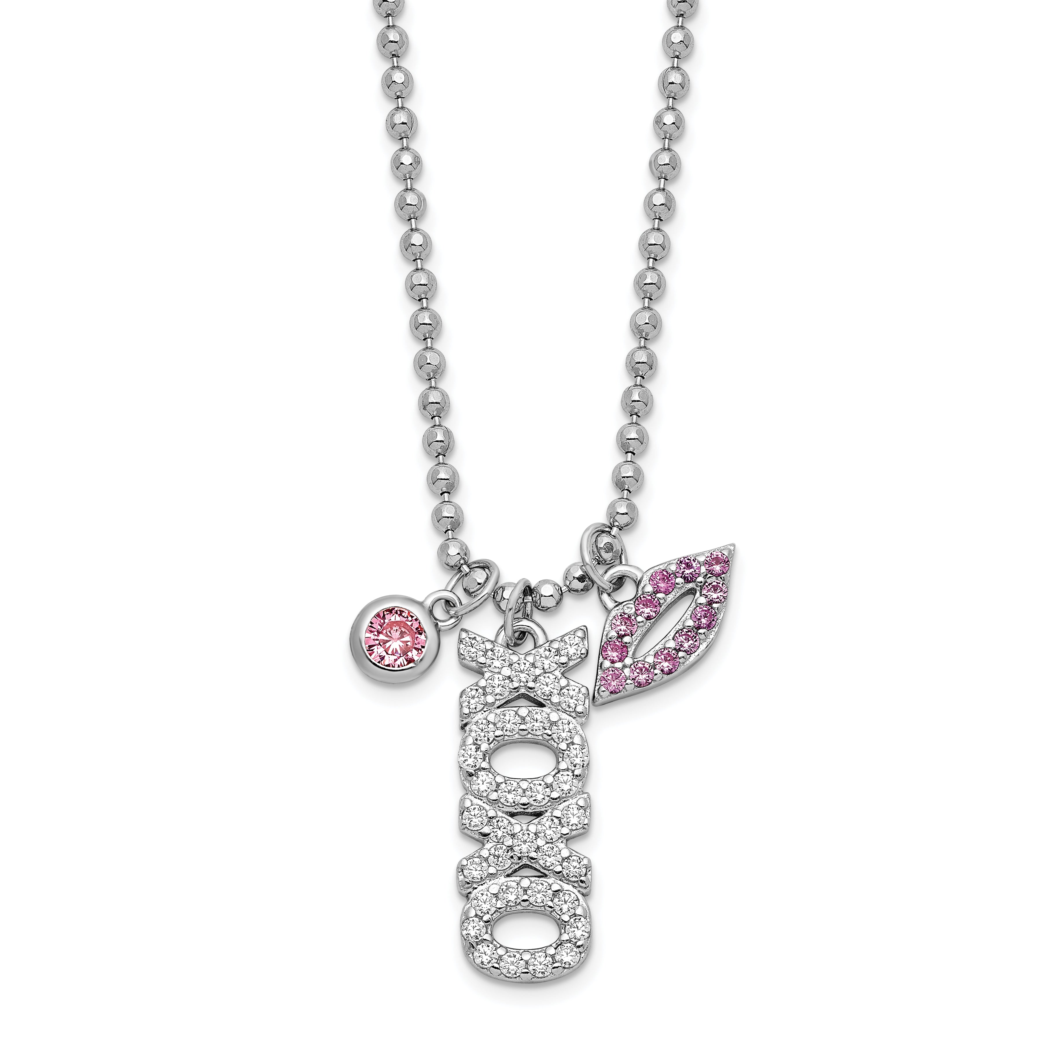 Sterling Silver Rhodium-plated CZ XOXO and Lips D/C Bead Chain Necklace