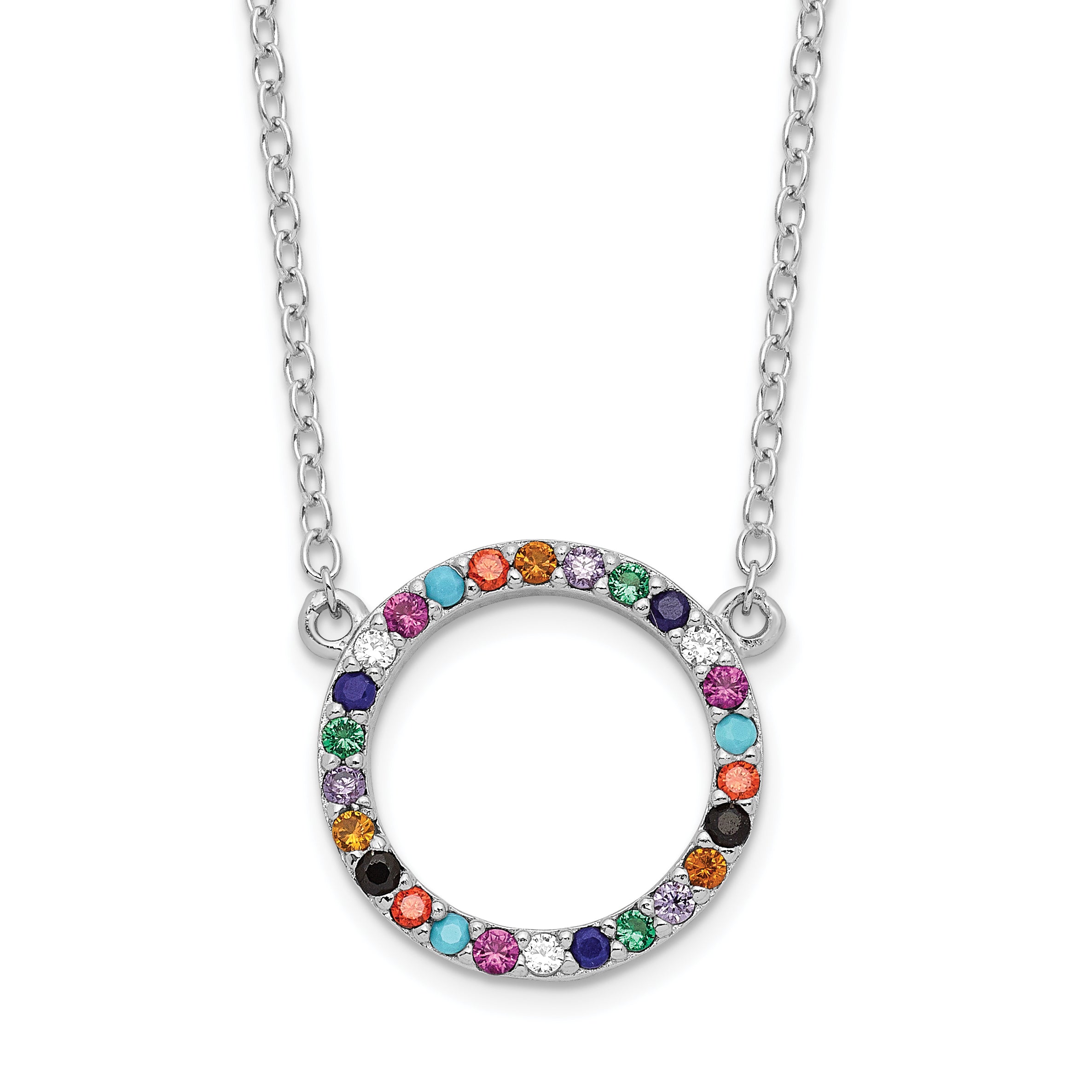 Sterling Silver Rhodium-plated Polished Multi-color Circle CZ Necklace