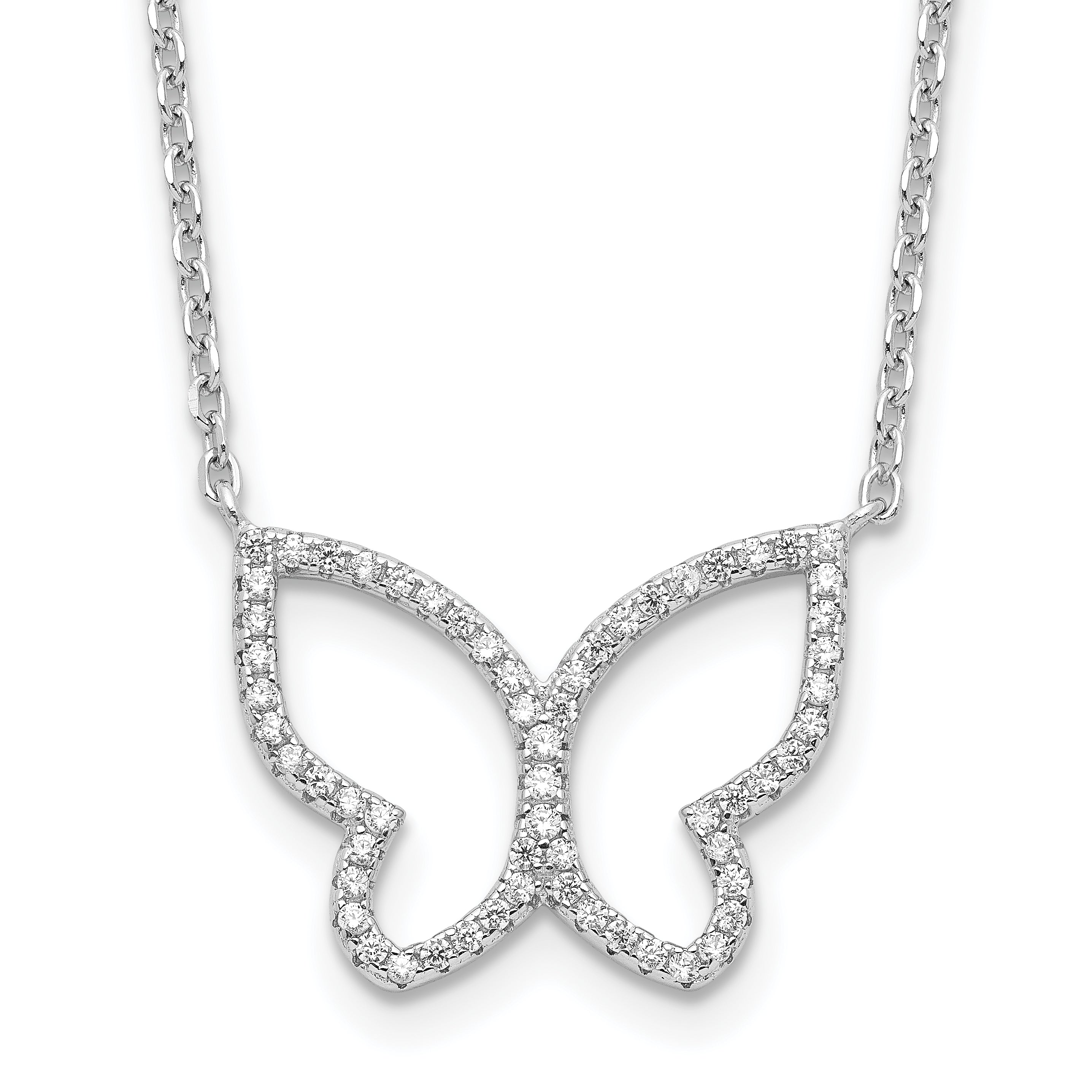 Sterling Silver Rhodium-plated Open Butterfly CZ w/2 in ext. Necklace