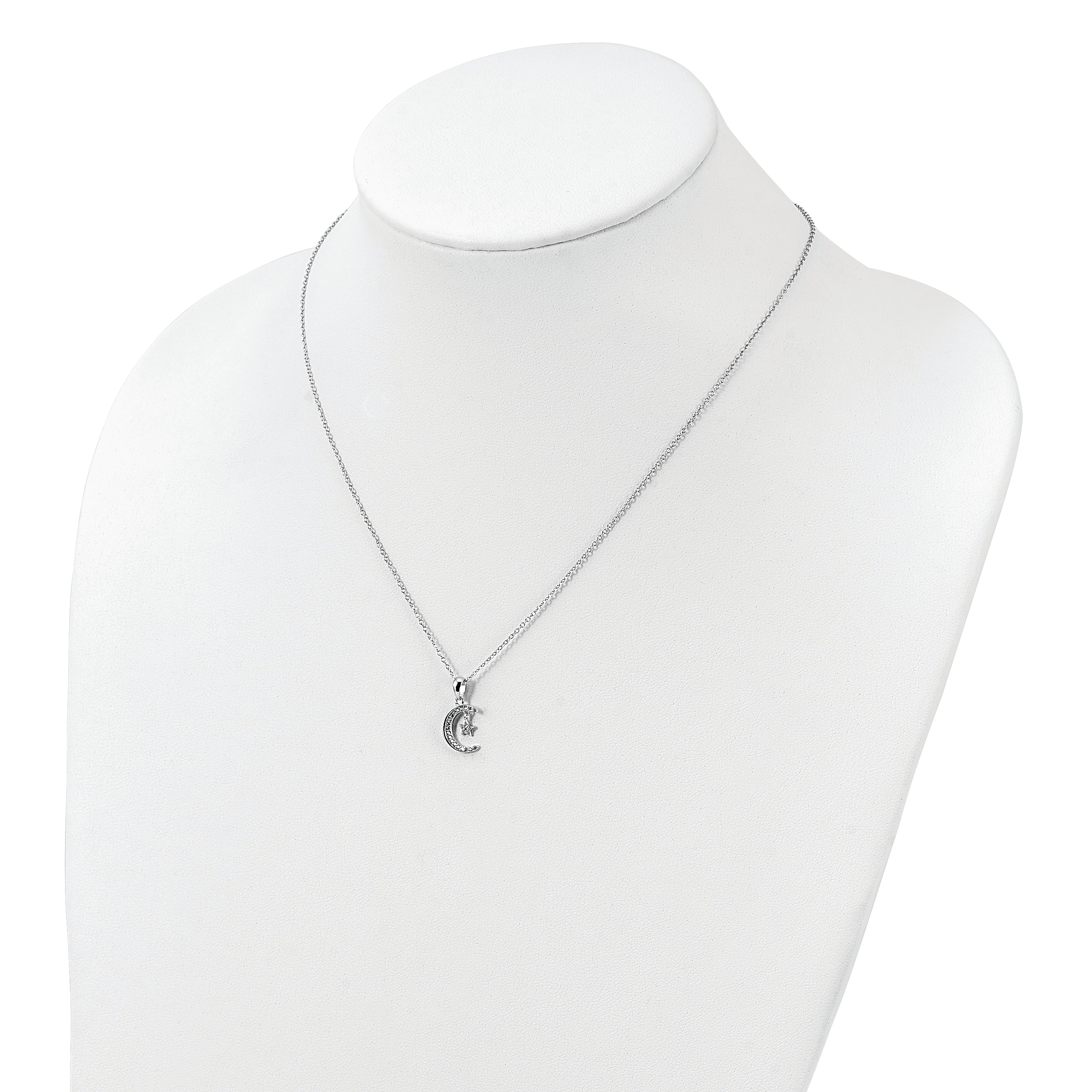 Sterling Silver Polished Rhodium-plated CZ Moon & Star 18in Necklace