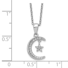 Sterling Silver Polished Rhodium-plated CZ Moon & Star 18in Necklace