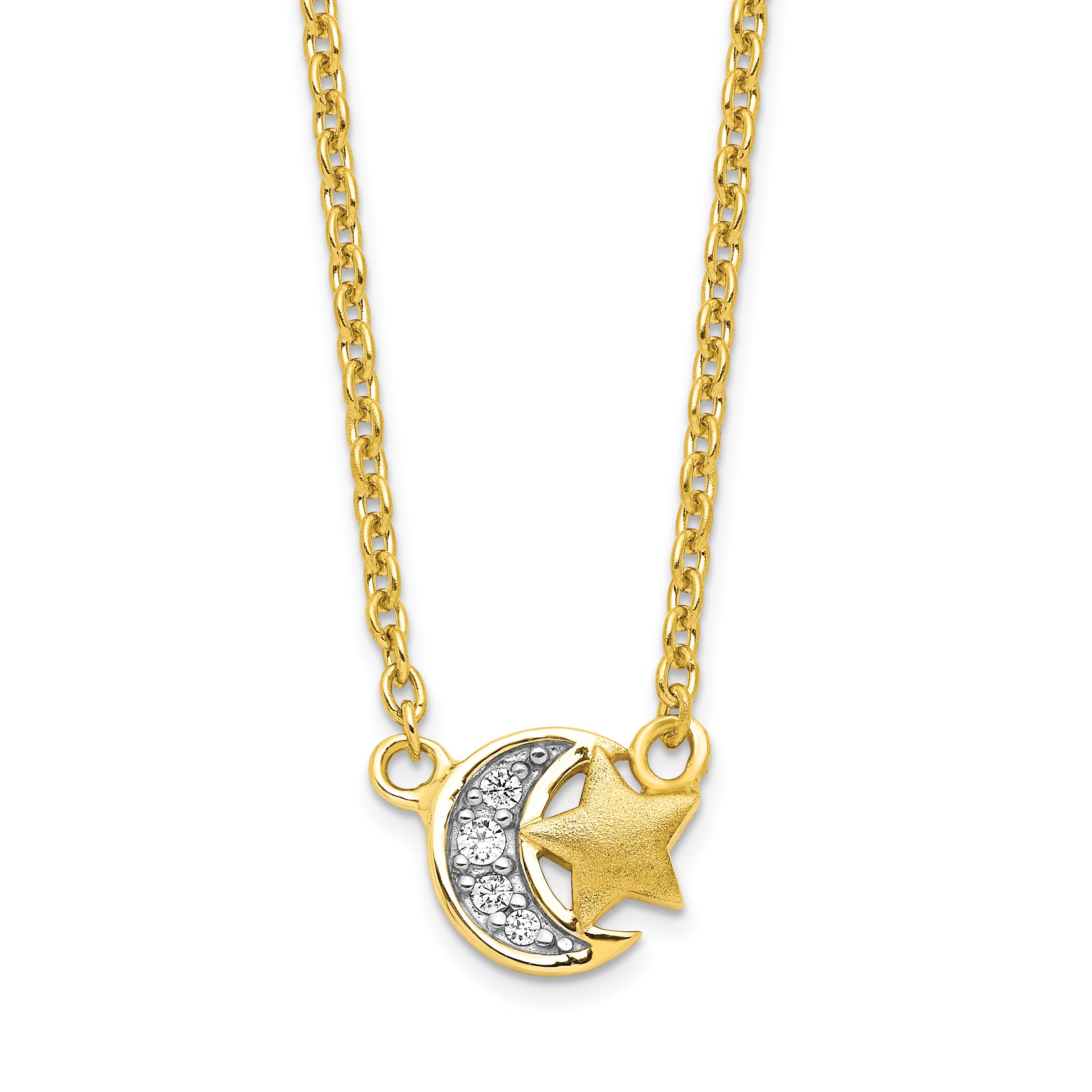 Sterling Silver Gold-tone CZ Satin Star and Polished Moon Necklace