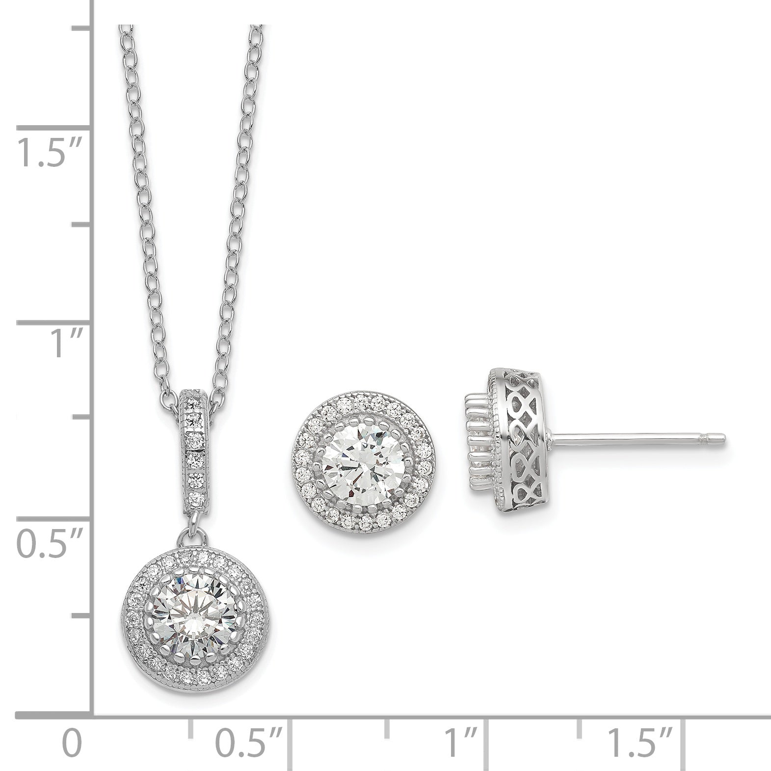 Sterling Silver Polished Rhodium-plated CZ 18in Necklace/Post Earrings Set