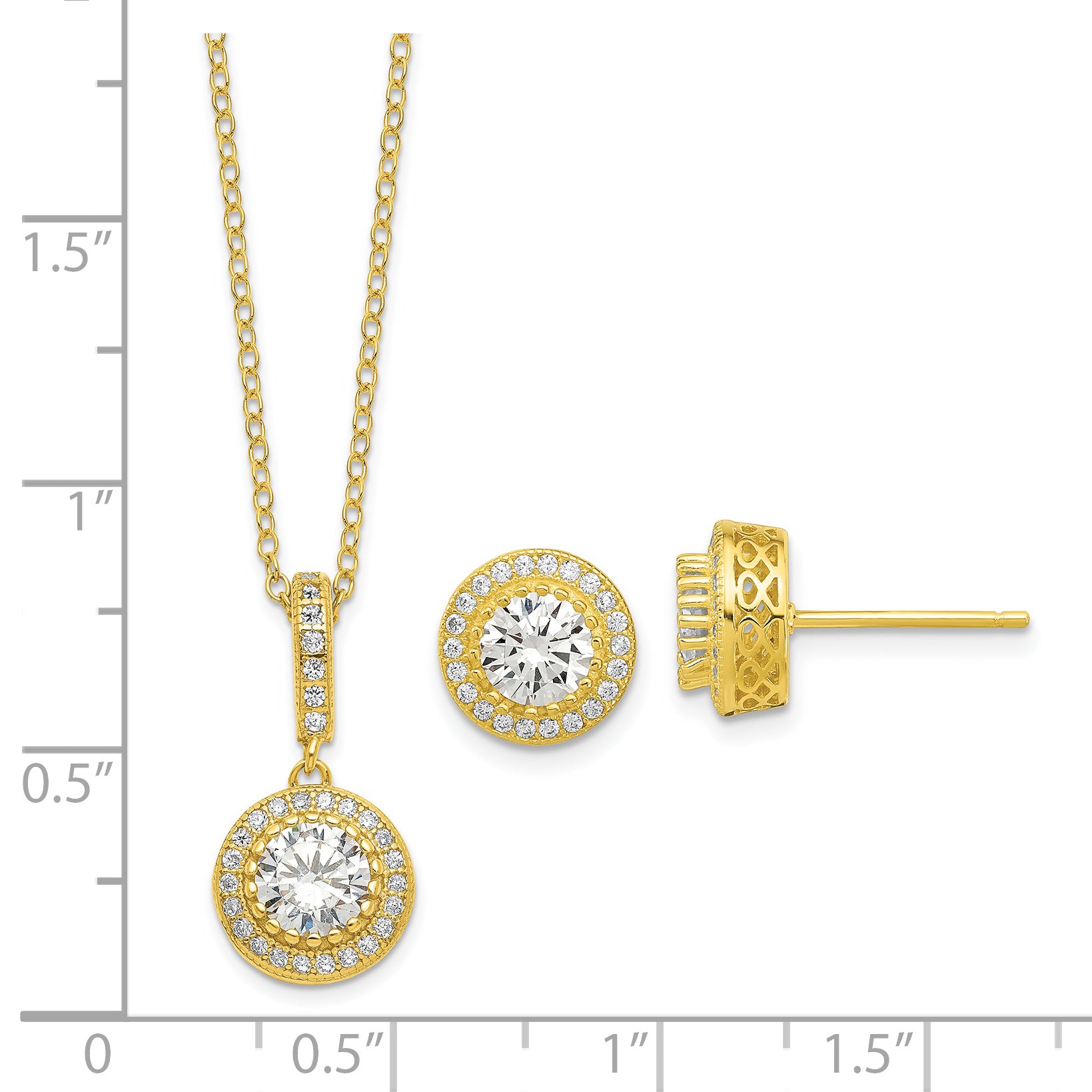 Sterling Silver Polished Gold-tone CZ 18in Necklace/Post Earrings Set