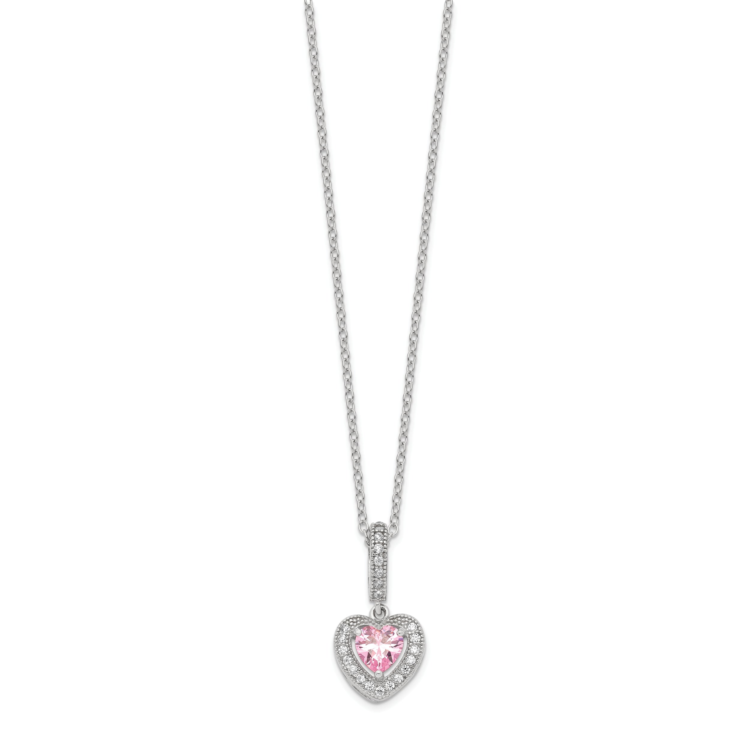 Sterling Silver Rhodium-plated Polished Clear and Pink CZ Heart 18 inch Necklace and Heart Post Earring Set