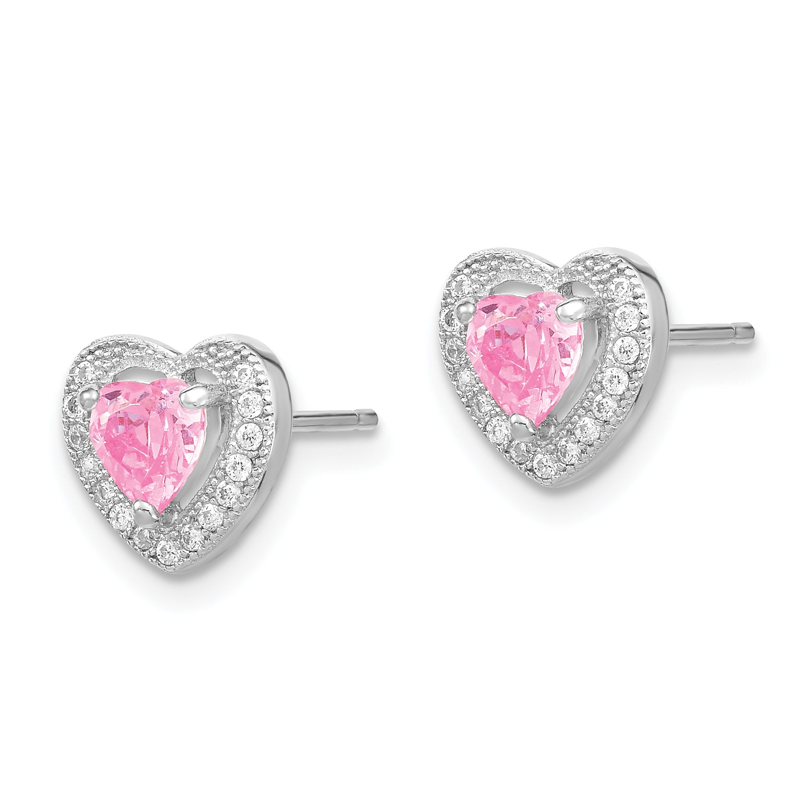 Sterling Silver Rhodium-plated Polished Clear and Pink CZ Heart 18 inch Necklace and Heart Post Earring Set