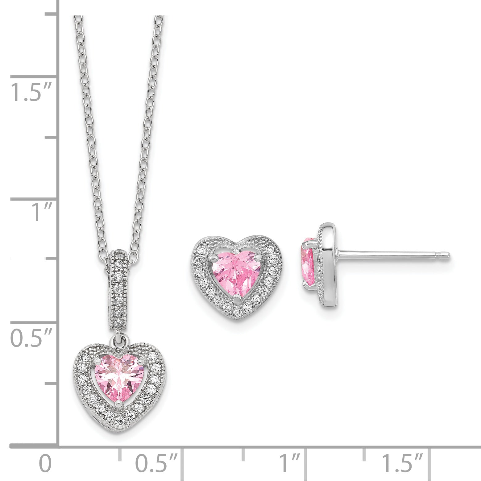 Sterling Silver Rhodium-plated Polished Clear and Pink CZ Heart 18 inch Necklace and Heart Post Earring Set