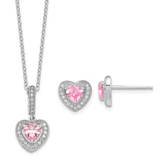 Sterling Silver Rhodium-plated Polished Clear and Pink CZ Heart 18 inch Necklace and Heart Post Earring Set