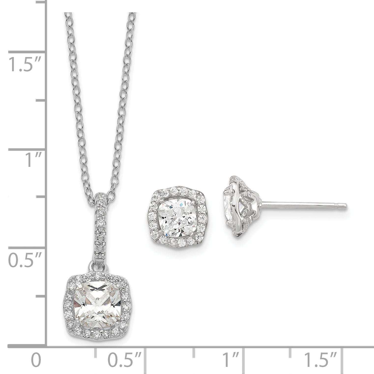 Sterling Silver Polished Rhodium-plated CZ 18in Necklace/Post Earrings Set