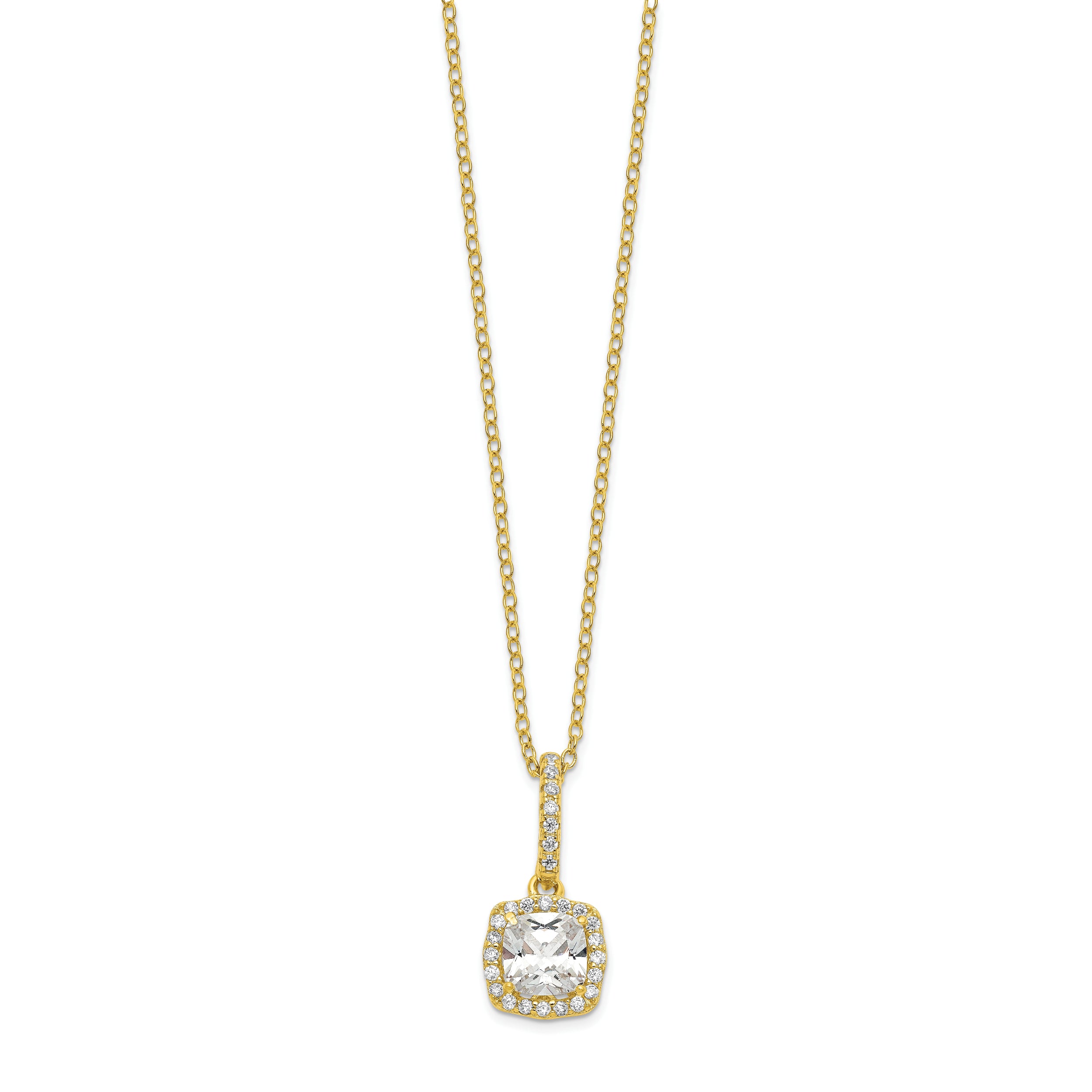 Sterling Silver Polished Gold-tone CZ 18in Necklace/Post Earrings Set