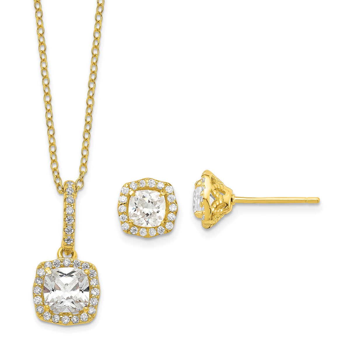 Sterling Silver Polished Gold-tone CZ 18in Necklace/Post Earrings Set