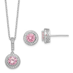 Sterling Silver Polished Rhodium-plated CZ 18in Necklace/Post Earrings Set