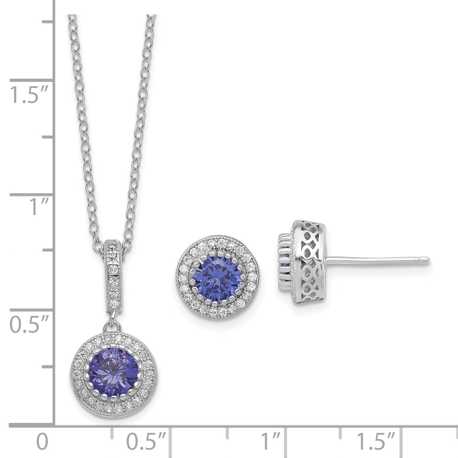 Sterling Silver Polished Rhodium-plated CZ 18in Necklace/Post Earrings Set