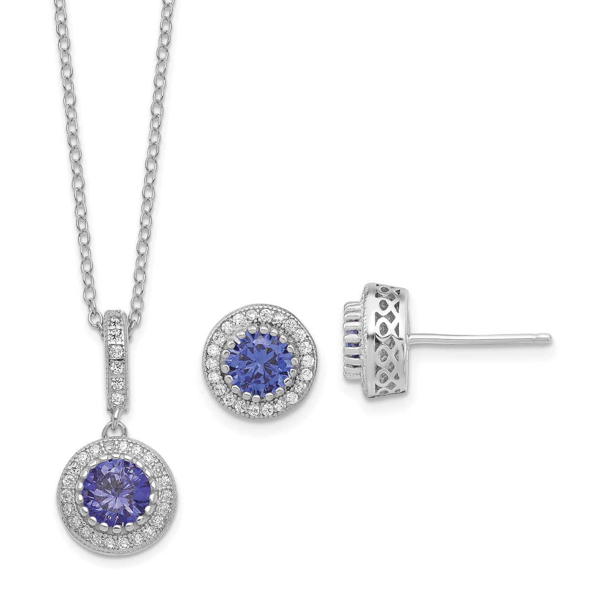 Sterling Silver Polished Rhodium-plated CZ 18in Necklace/Post Earrings Set