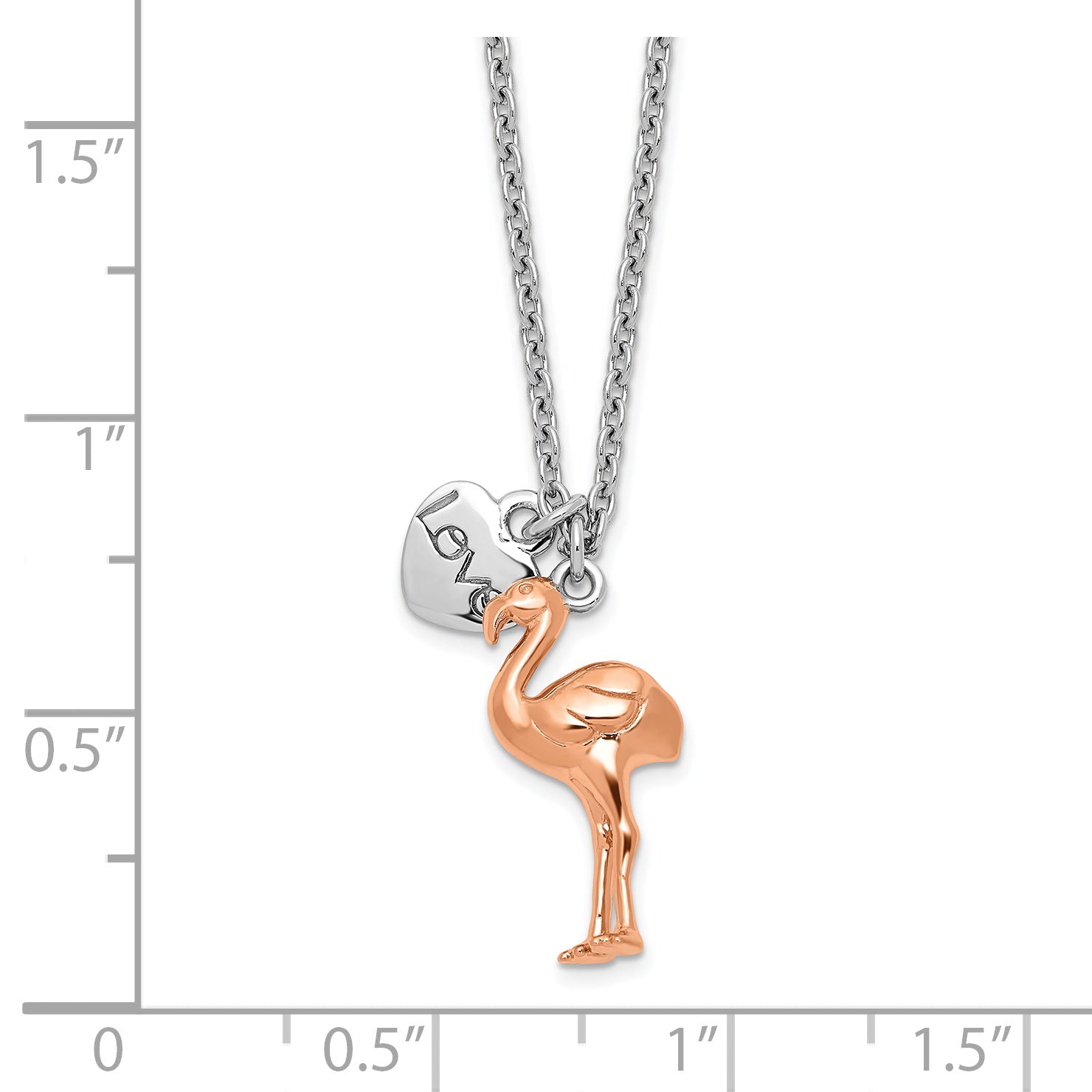 Sterling Silver Rhodium-plated Rose-plated Flamingo Heart 16.5 inch with a 1 inch extention Necklace