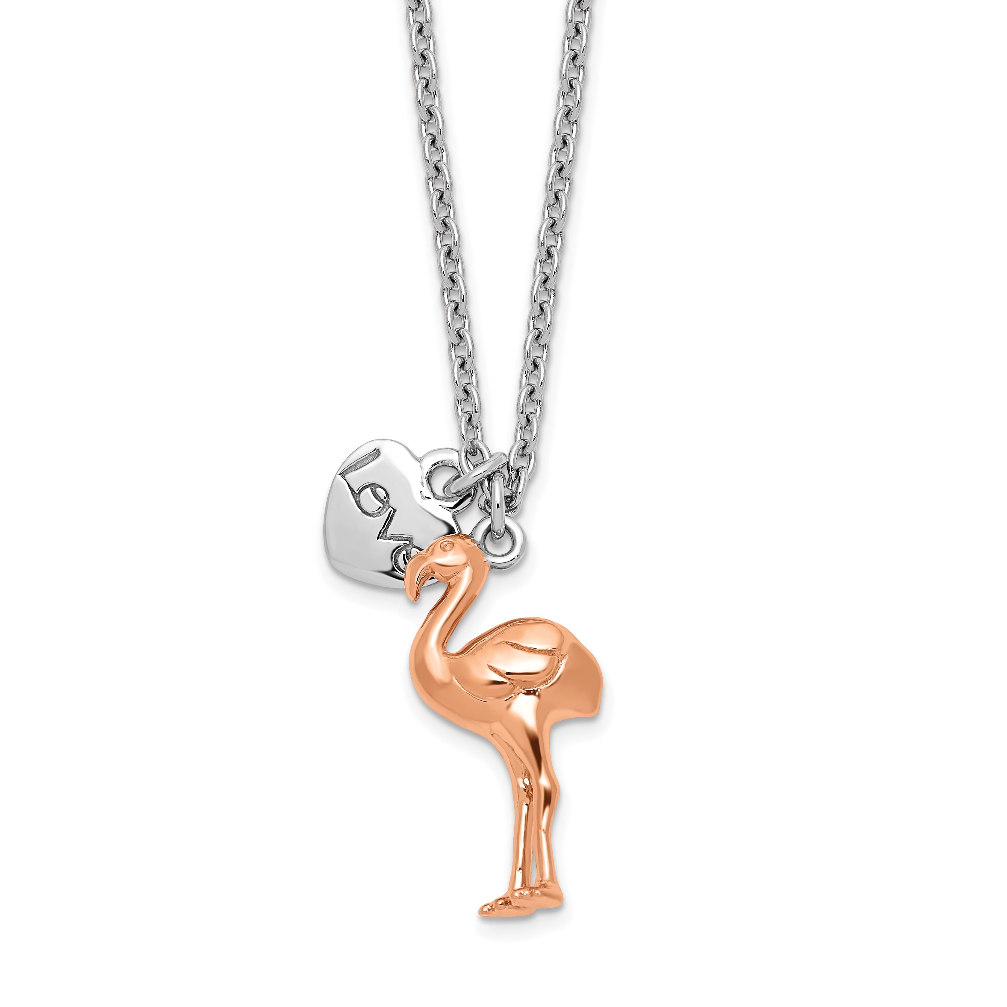 Sterling Silver Rhodium-plated Rose-plated Flamingo Heart 16.5 inch with a 1 inch extention Necklace