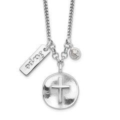 Sterling Silver Rhodium-plated Satin Cross/Hope/CZ w/1.5in Ext Necklace