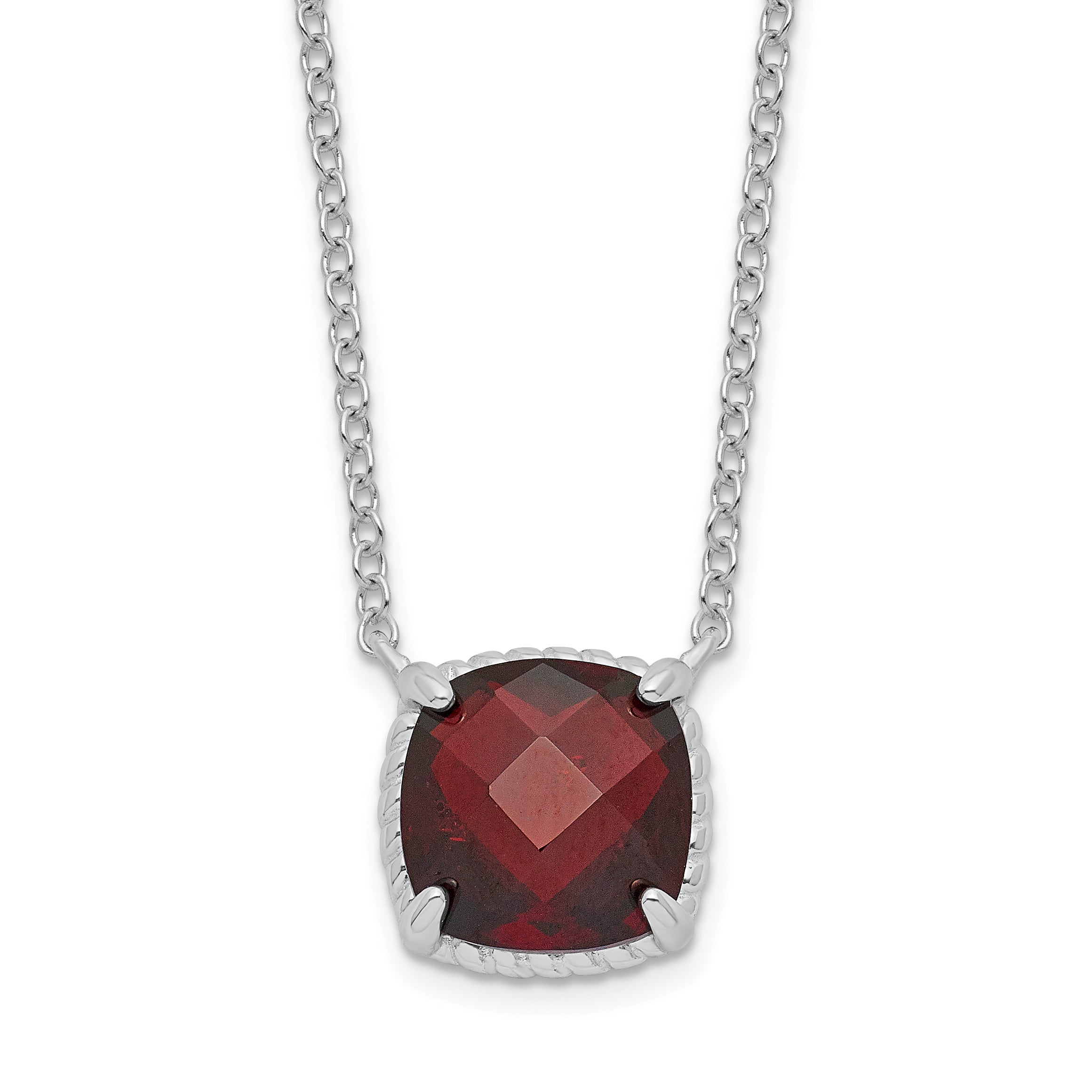 Sterling Silver Rhodium-plated Square Garnet w/2 in ext. Necklace