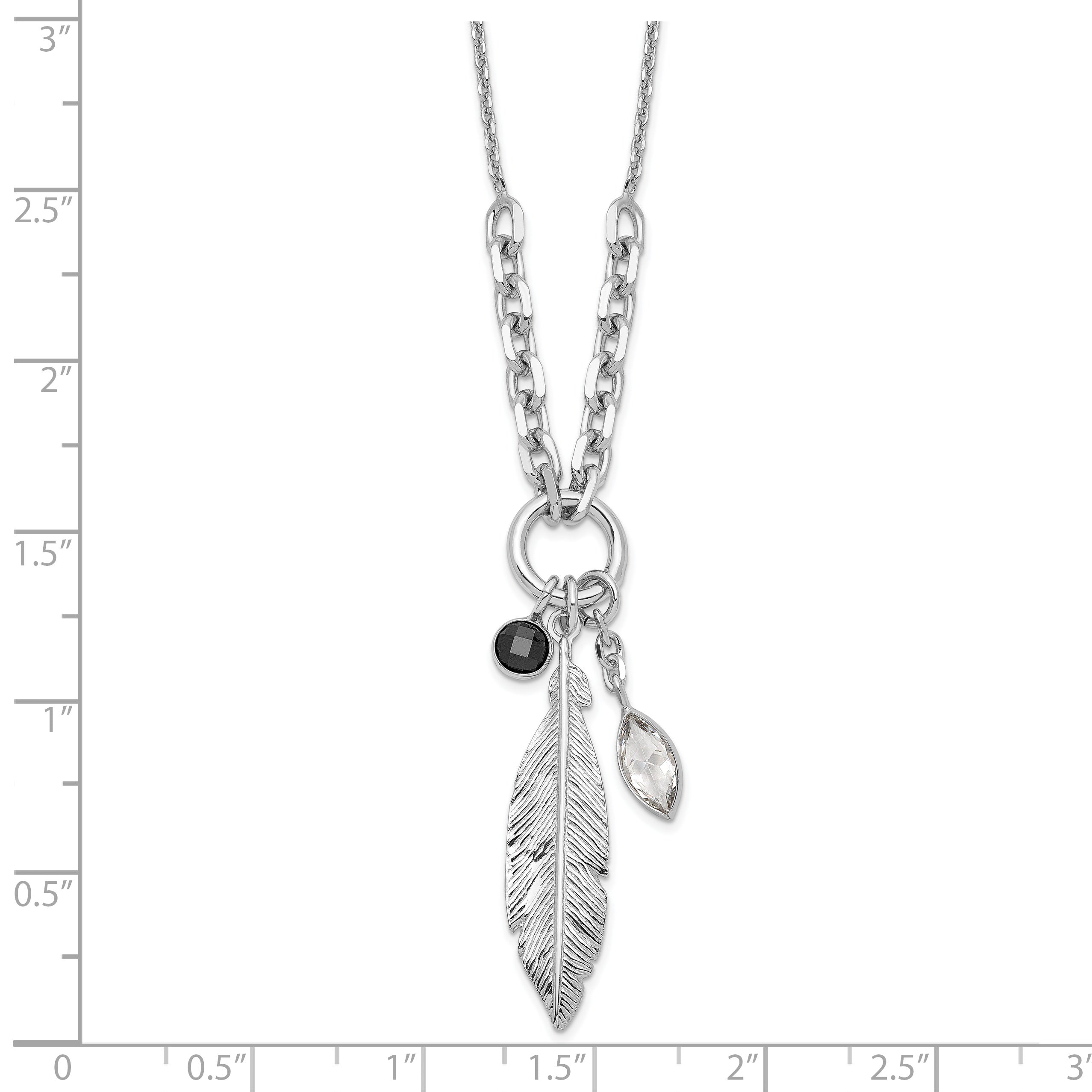 Sterling Silver Rhodium-plated Feather and CZ w/1 in Ext Necklace