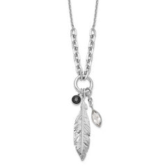 Sterling Silver Rhodium-plated Feather and CZ w/1 in Ext Necklace