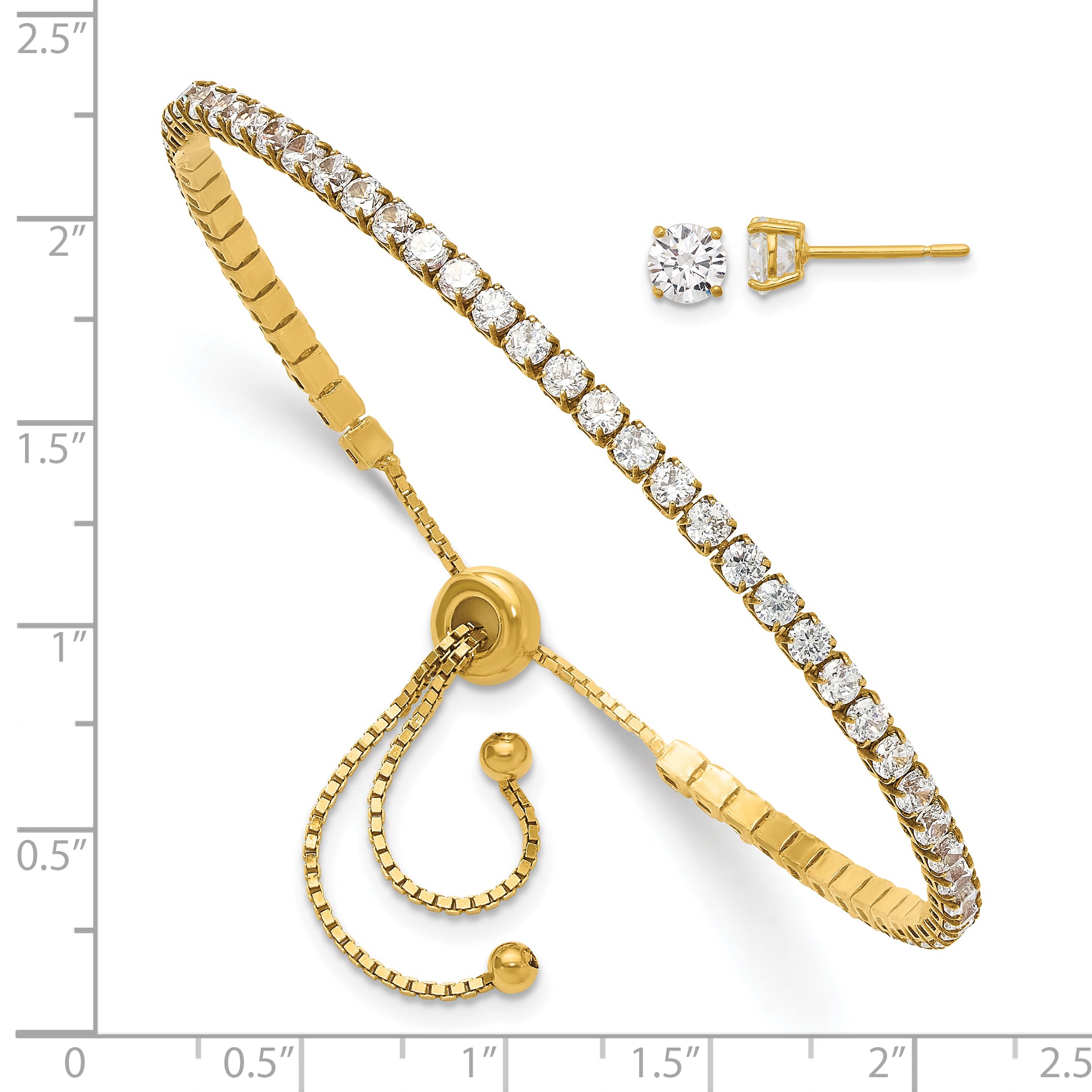 Sterling Silver Gold-tone CZ Adjustable Bracelet and Post Earring Set