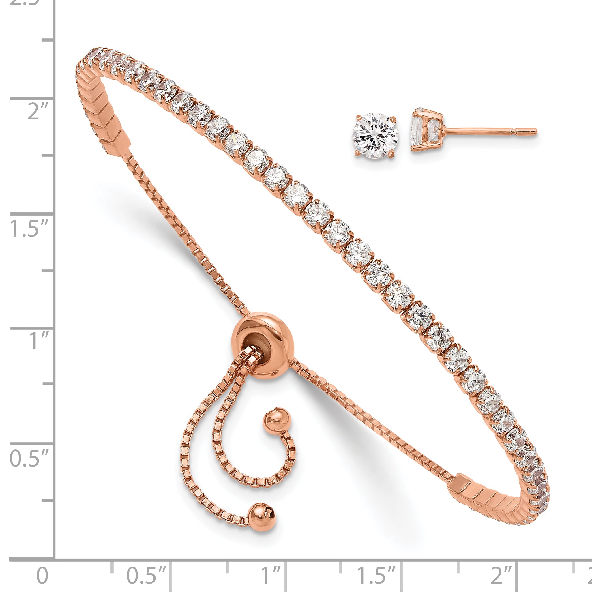 Sterling Silver Rose-tone CZ Adjustable Bracelet and Earring Set