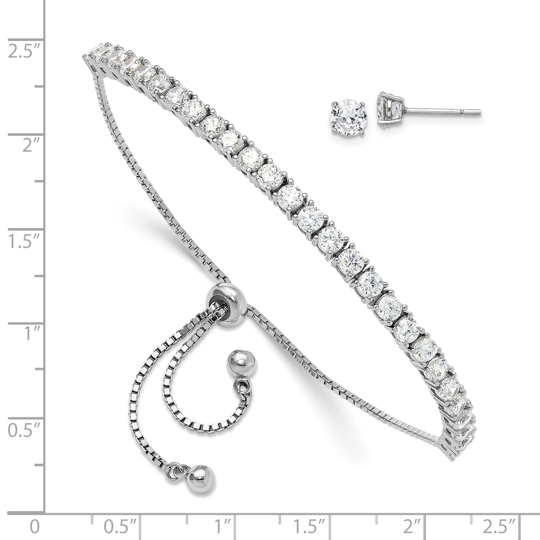 Sterling Silver Rhodium-plated CZ Adjustable Bracelet and Post Earring Set