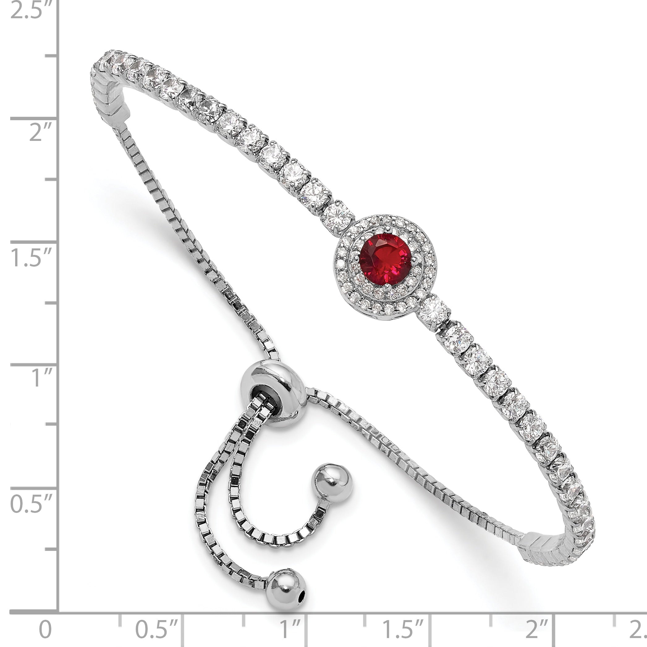 Sterling Silver Rhodium-plated CZ and Red Glass Adjustable Bracelet