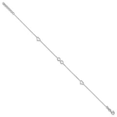 Sterling Silver Rh-plated Heart/Infinity Symbol 9in Plus 1in ext. Anklet