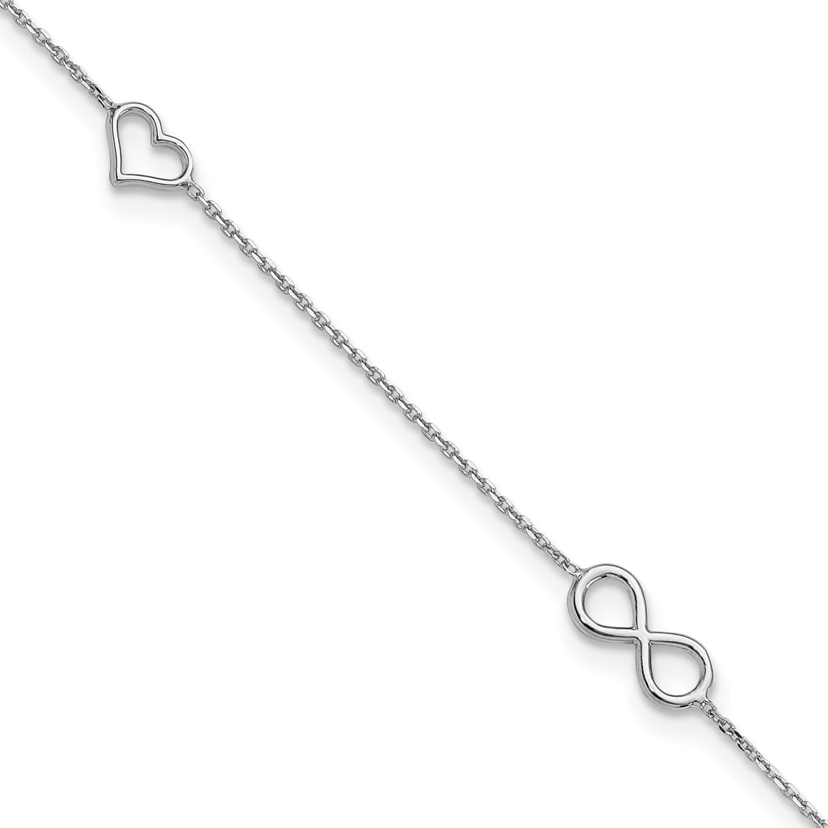 Sterling Silver Rh-plated Heart/Infinity Symbol 9in Plus 1in ext. Anklet