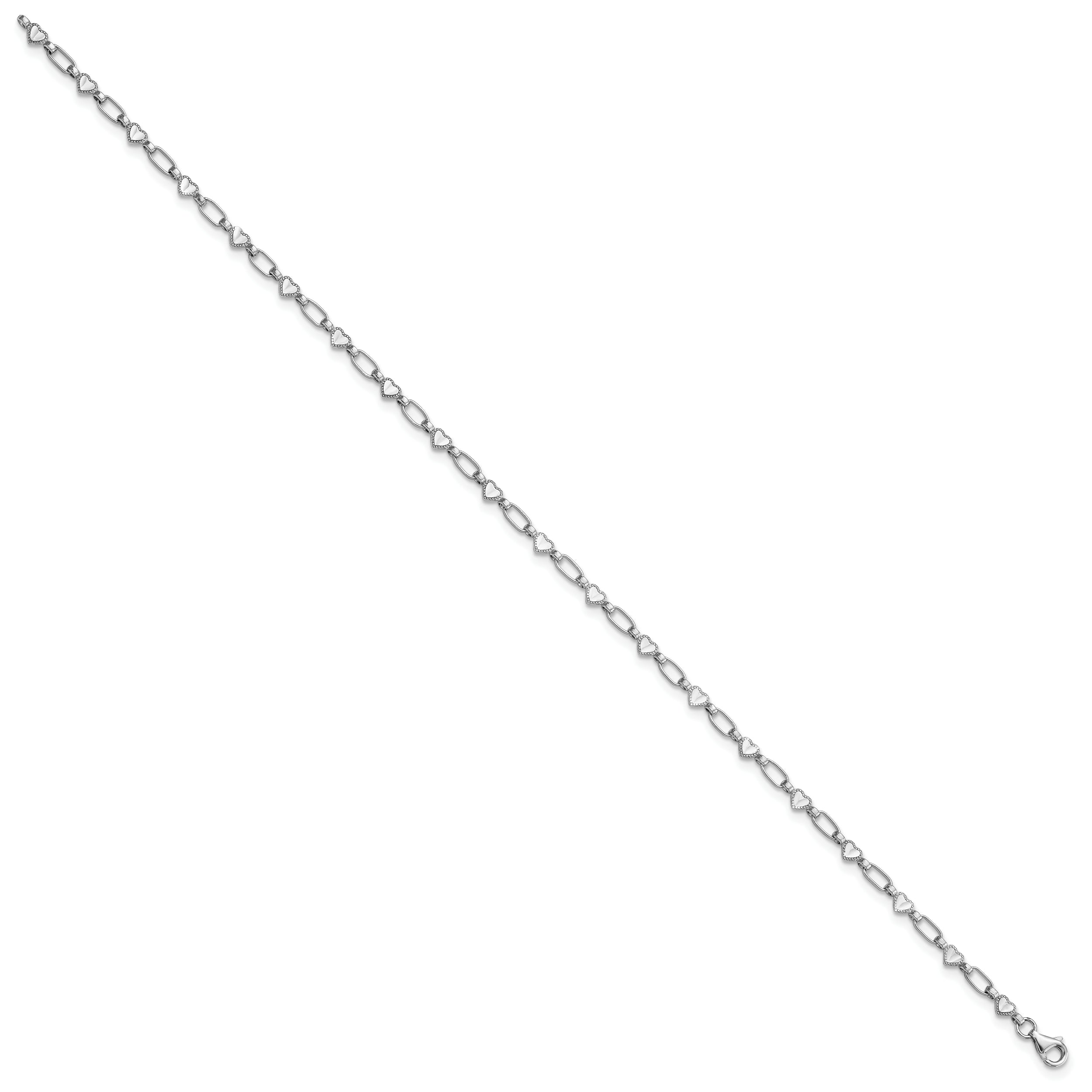 Sterling Silver Rhodium-plated Heart Link 10in Anklet