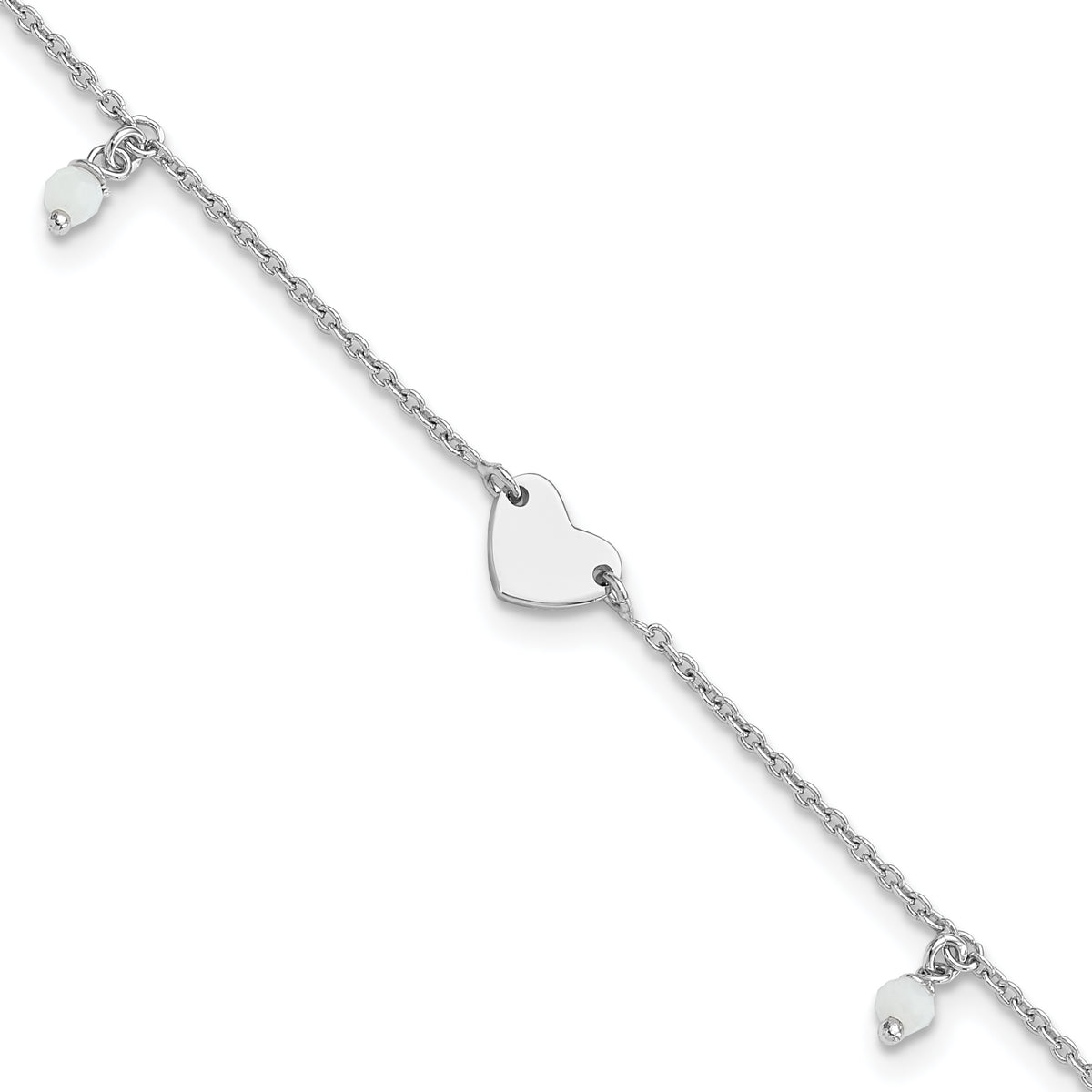 Sterling Silver Rhodium-plated Heart Glass Beads 9in Plus 1in ext Anklet