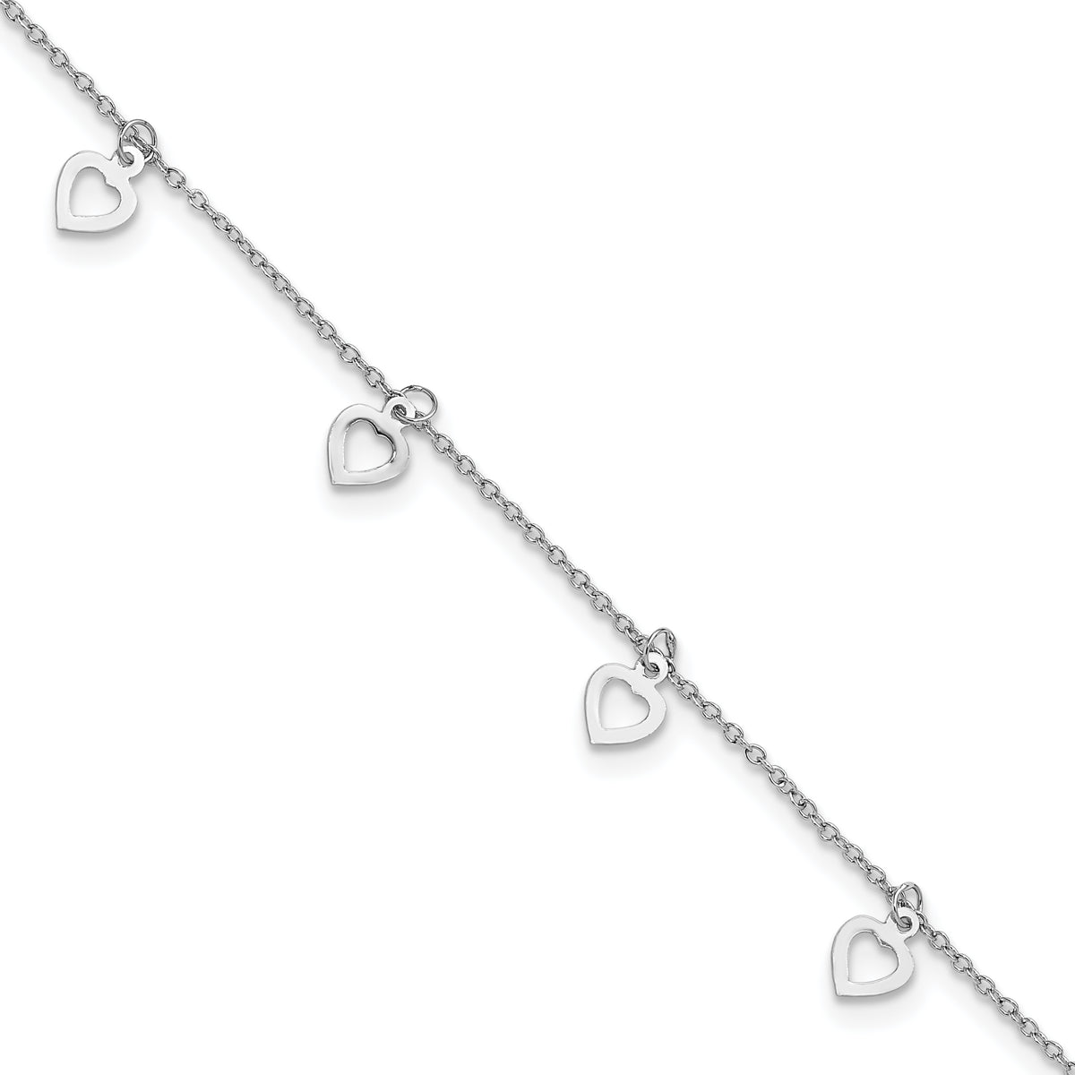 Sterling Silver Rhodium-plated Polished Heart 9.5in Plus 1in ext. Anklet