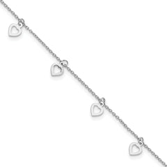 Sterling Silver Rhodium-plated Polished Heart 9.5in Plus 1in ext. Anklet