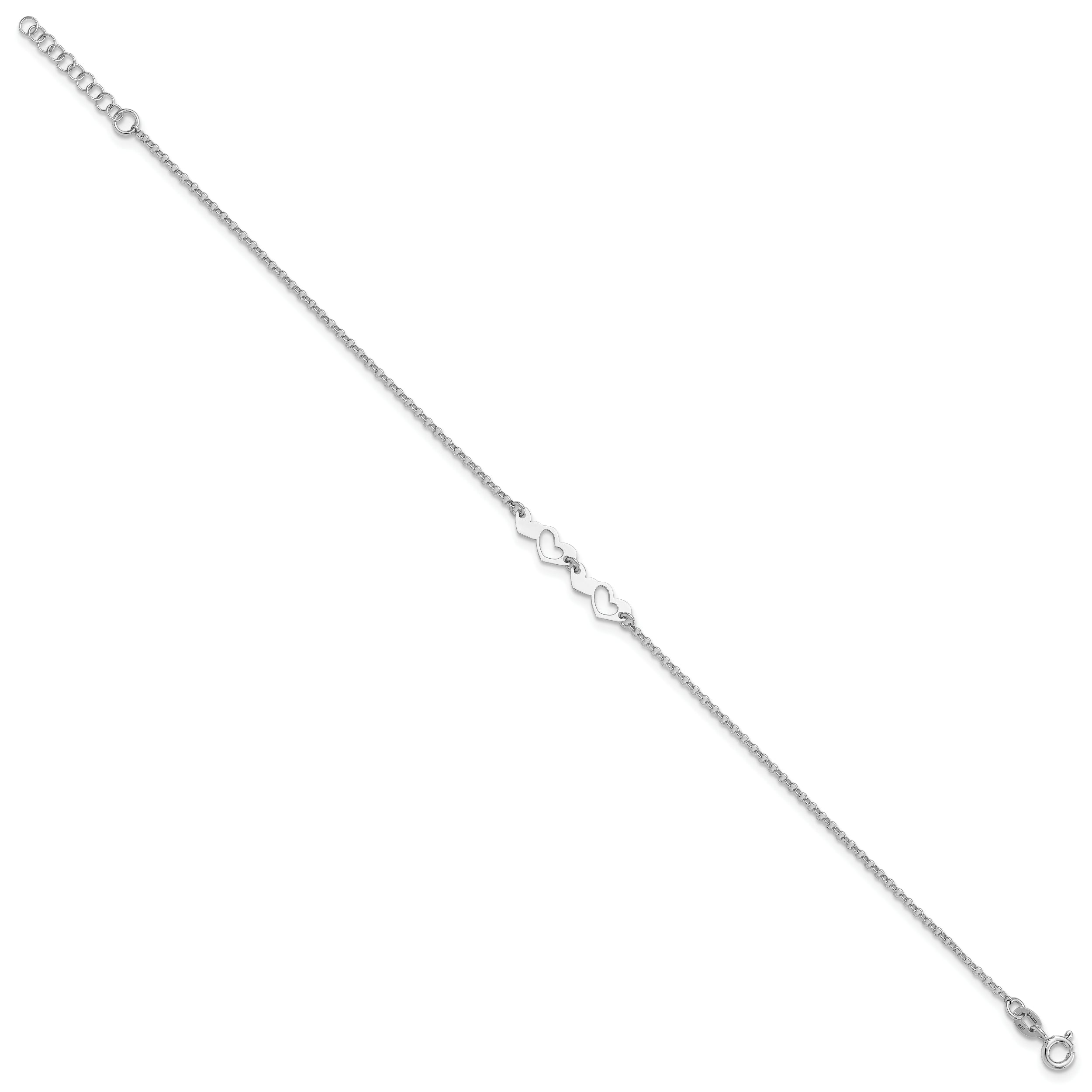 Sterling Silver Rhodium-plated Hearts 9in Plus 1in ext Anklet