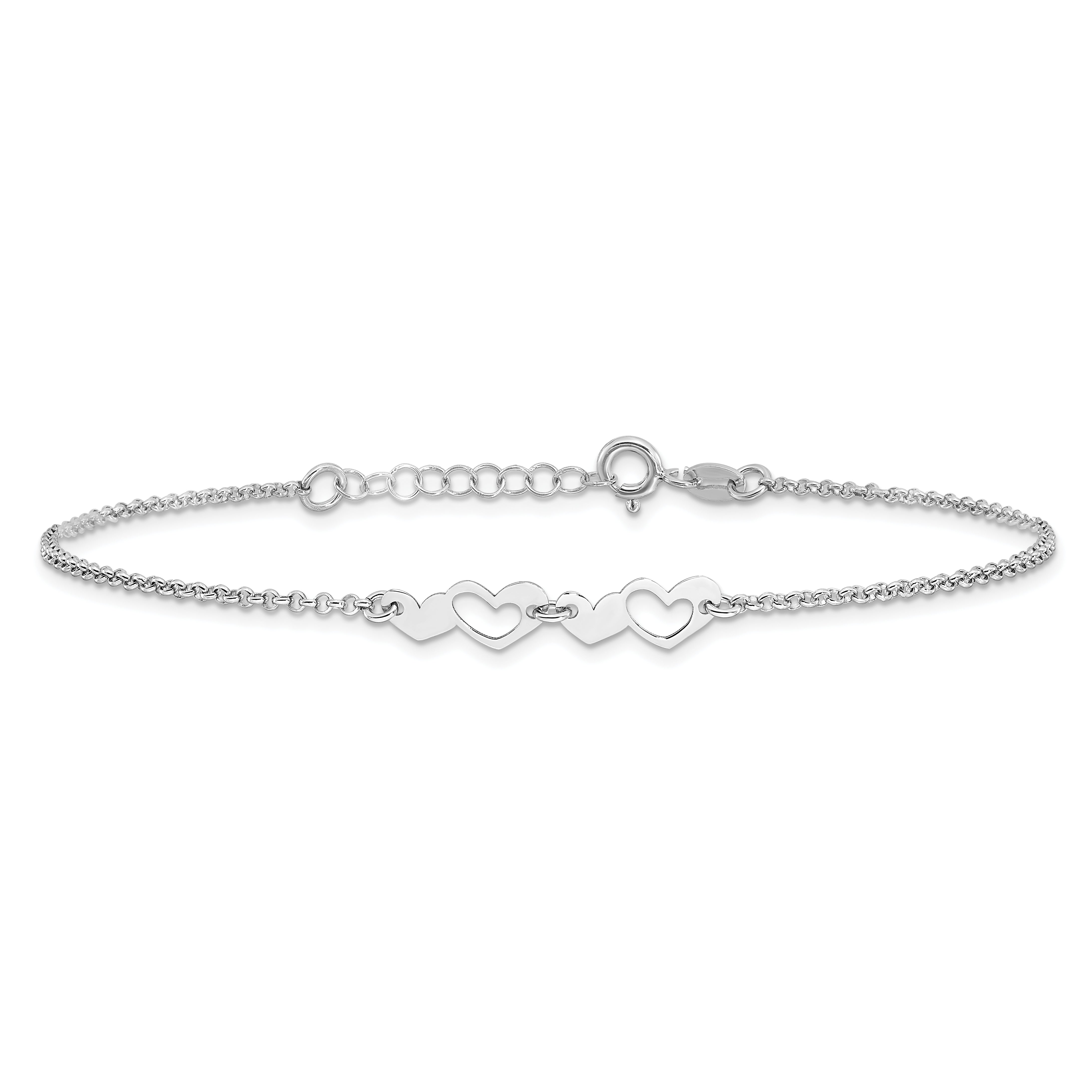 Sterling Silver Rhodium-plated Hearts 9in Plus 1in ext Anklet