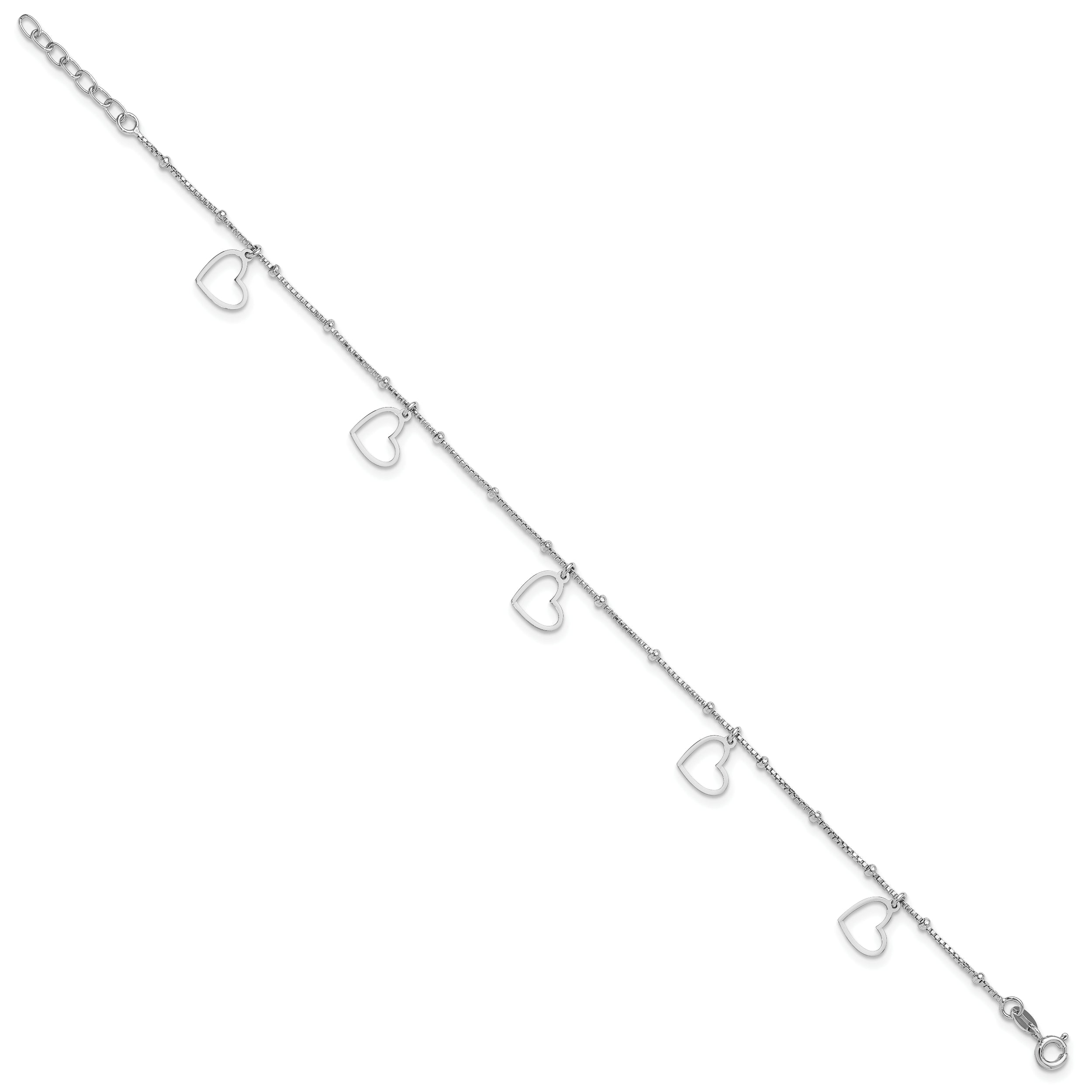 Sterling Silver Rhodium-plated Heart Dangles 9in Plus 1in ext Anklet