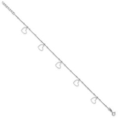 Sterling Silver Rhodium-plated Heart Dangles 9in Plus 1in ext Anklet