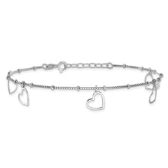 Sterling Silver Rhodium-plated Heart Dangles 9in Plus 1in ext Anklet