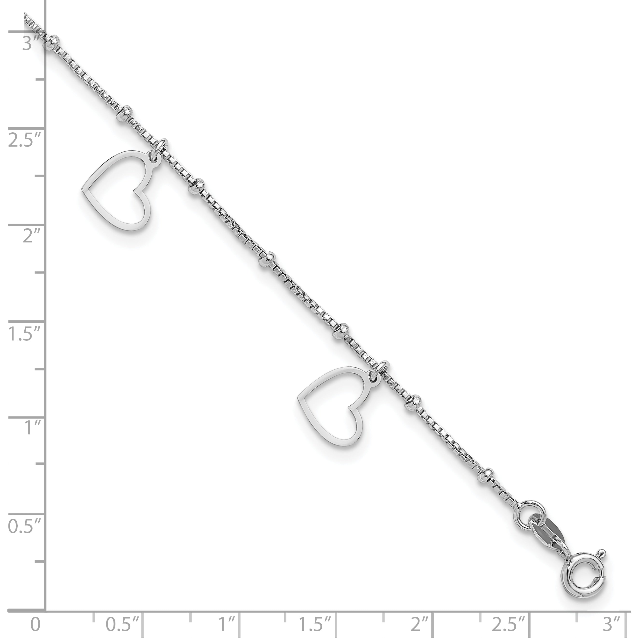 Sterling Silver Rhodium-plated Heart Dangles 9in Plus 1in ext Anklet