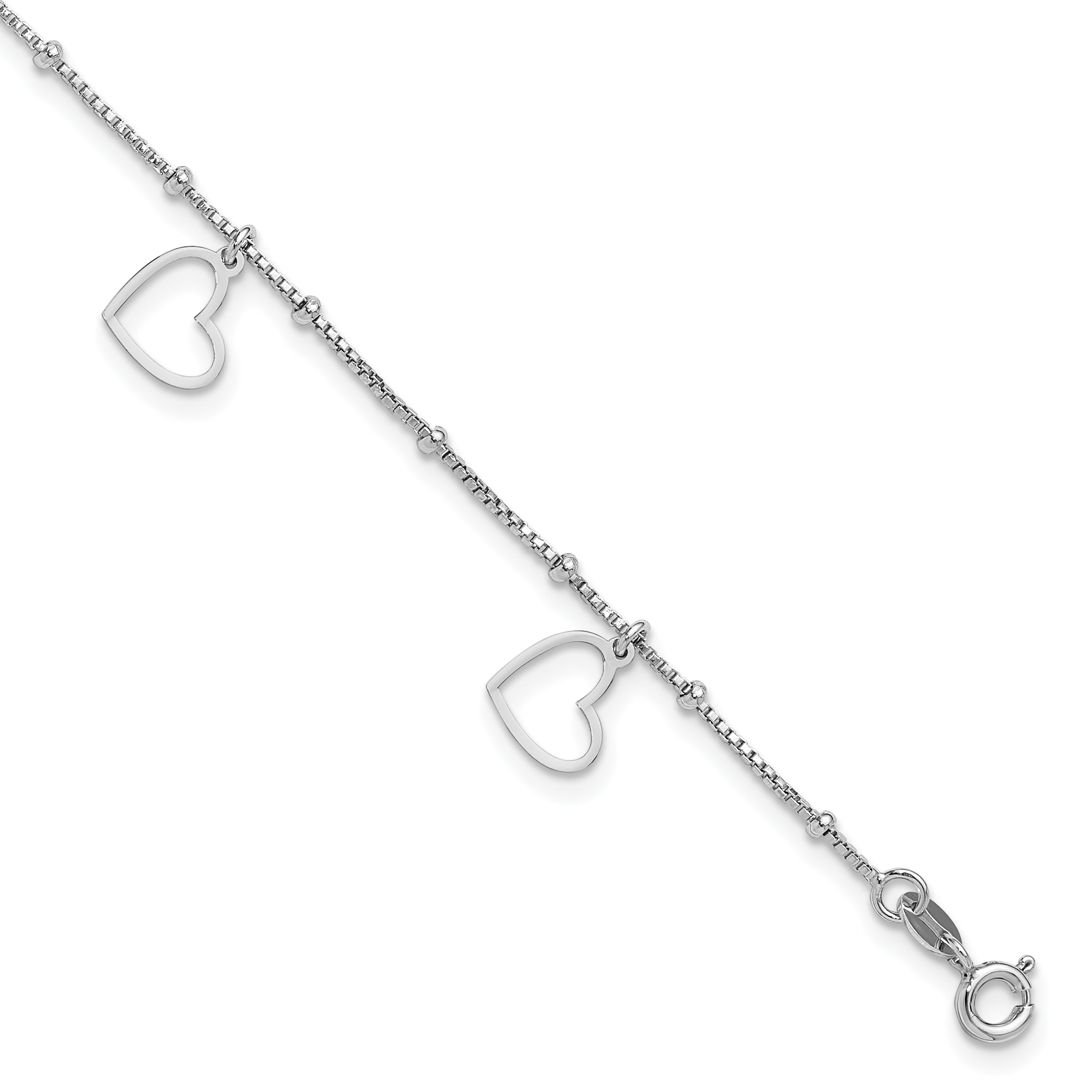 Sterling Silver Rhodium-plated Heart Dangles 9in Plus 1in ext Anklet