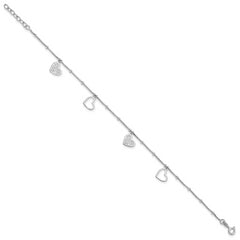 Sterling Silver Rhodium-plated Cut out Hearts 9in Plus 1in ext Anklet