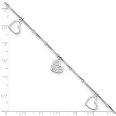 Sterling Silver Rhodium-plated Cut out Hearts 9in Plus 1in ext Anklet