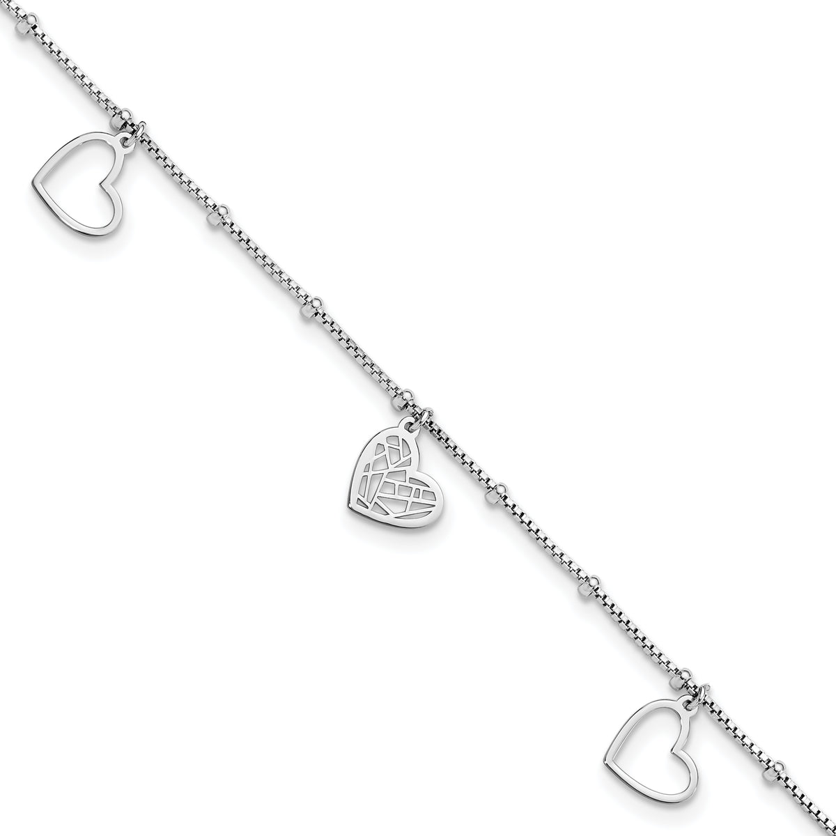 Sterling Silver Rhodium-plated Cut out Hearts 9in Plus 1in ext Anklet