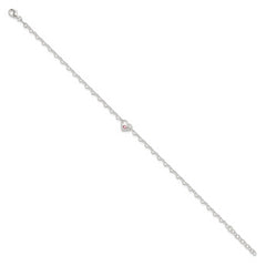 Sterling Silver Polished CZ Heart Link 9in Plus 1in ext. Anklet