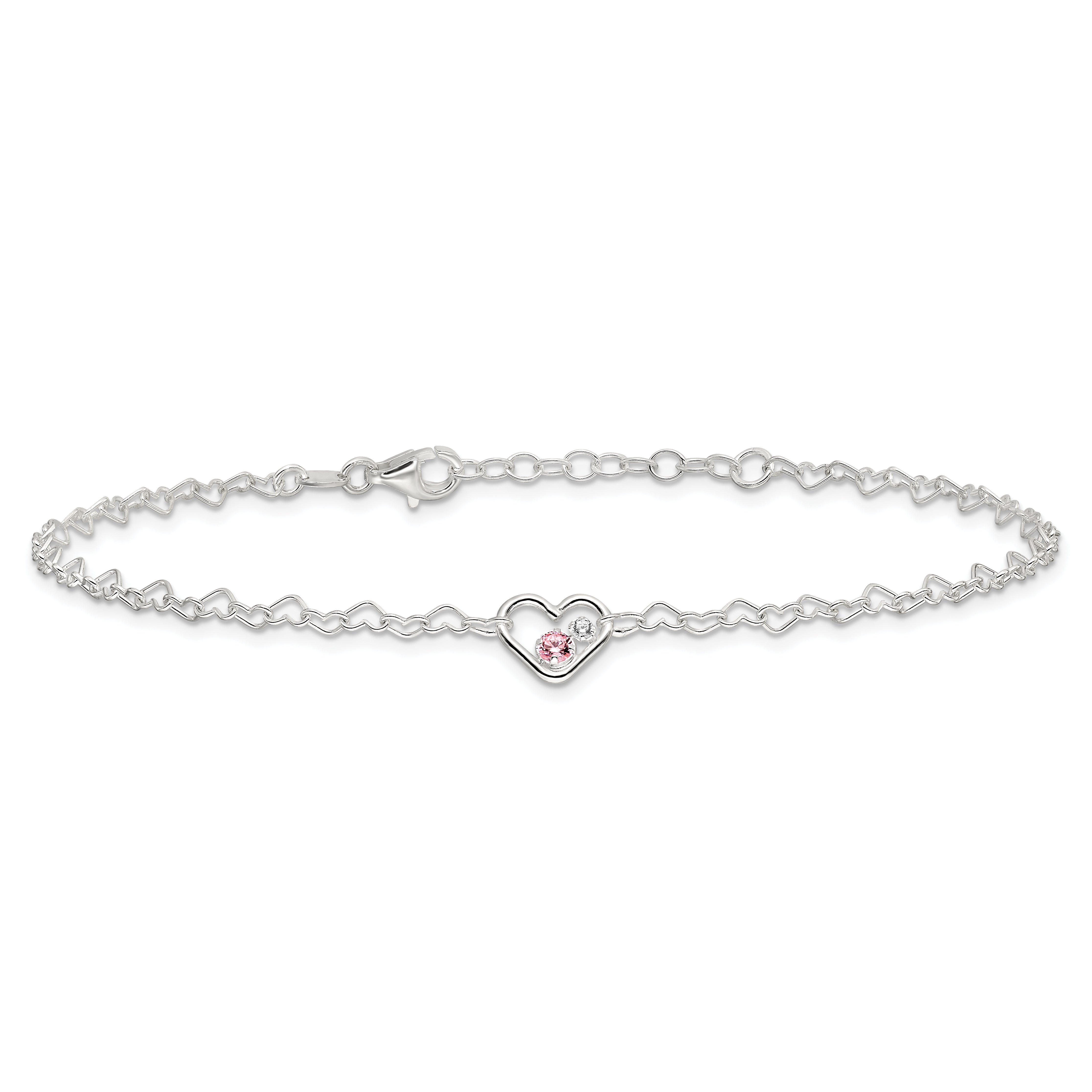 Sterling Silver Polished CZ Heart Link 9in Plus 1in ext. Anklet