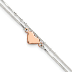 Sterling Silver Rose Tone 2-Strand Heart 9in Plus 1in ext. Anklet