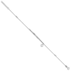 Sterling Silver Rhodium-plated Beads and Heart 9in Plus 1in ext Anklet