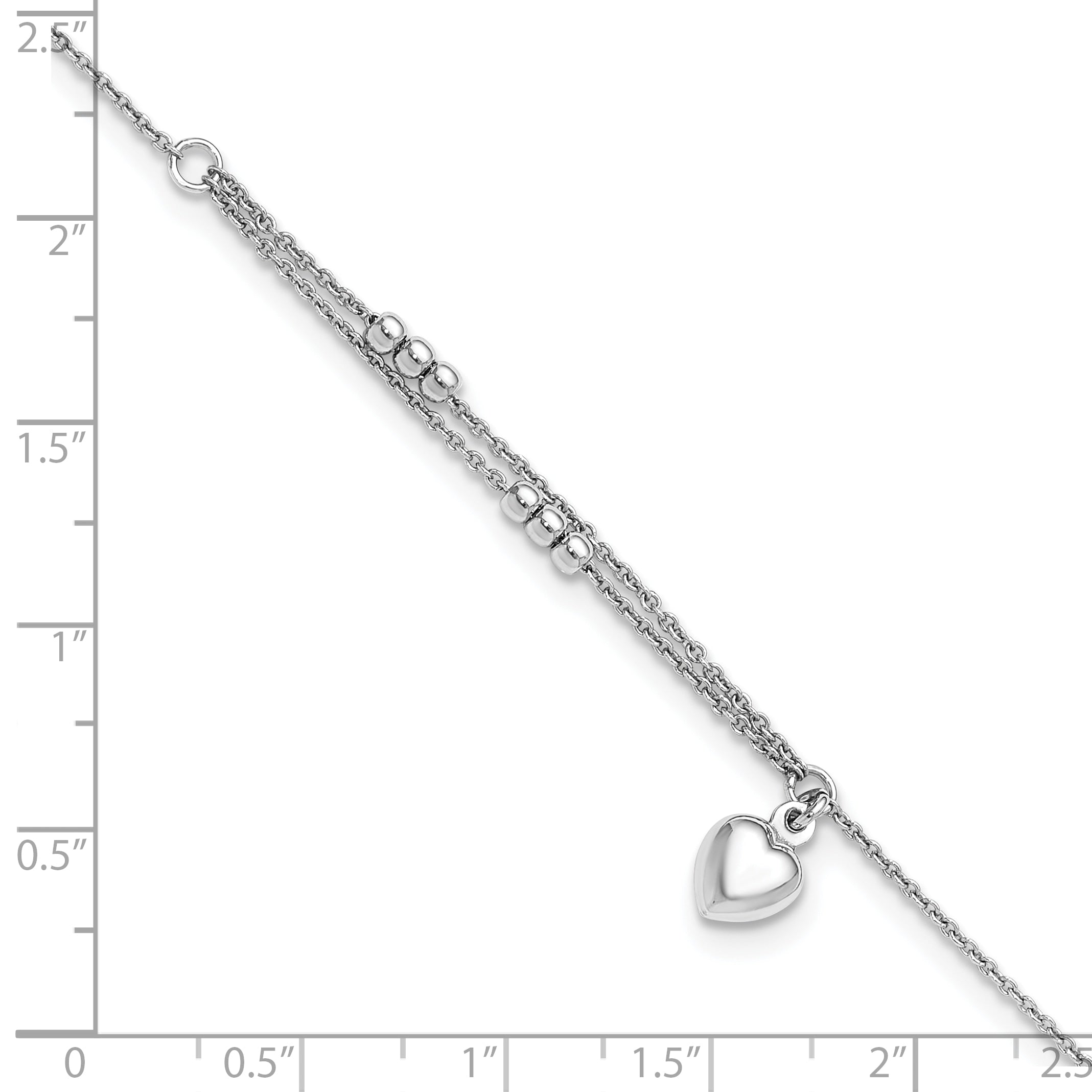 Sterling Silver Rhodium-plated Beads and Heart 9in Plus 1in ext Anklet