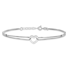 Sterling Silver Rhod-plated Polished Heart Beaded 9in w/1in ext Anklet